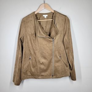 J. Jill Brown Tan Faux Suede Zip Moto Jacket Zipper Pockets Small Long Sleeve